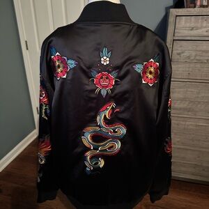Reason Black Bomber Jacket with Colorful Embroidery SO CUTE